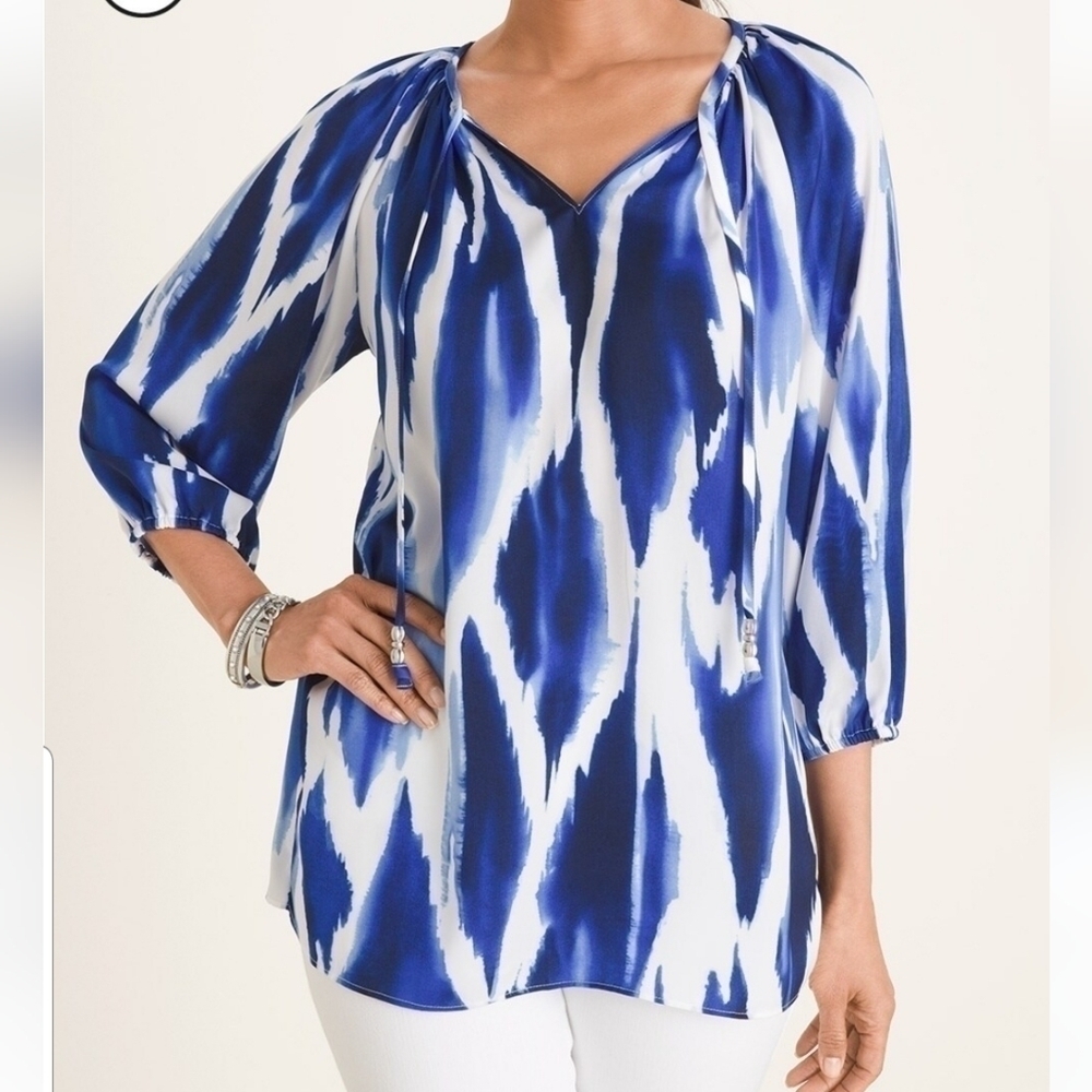 NWT Chico's Blue/White Watercolor-Print Raglan 3/4 Sleeve Blouse Size 1